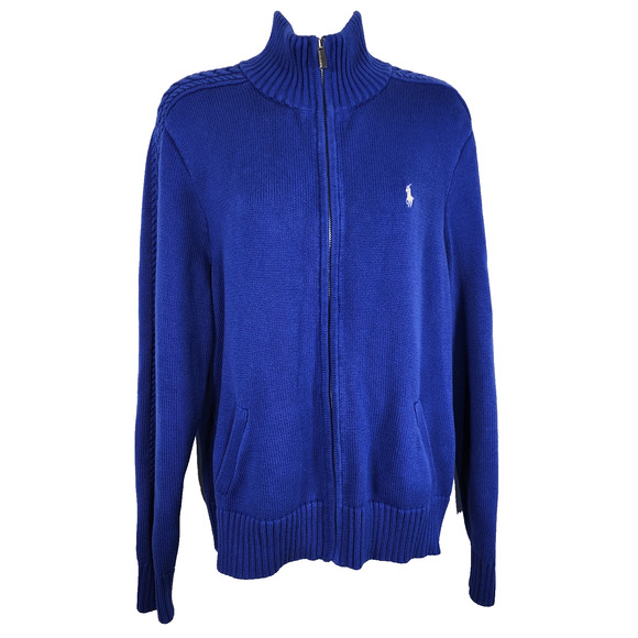 Ralph Lauren Sport Womens Sweater XL Blue Full Zip Cable Knit Cotton Logo Pocket - Picture 1 of 11